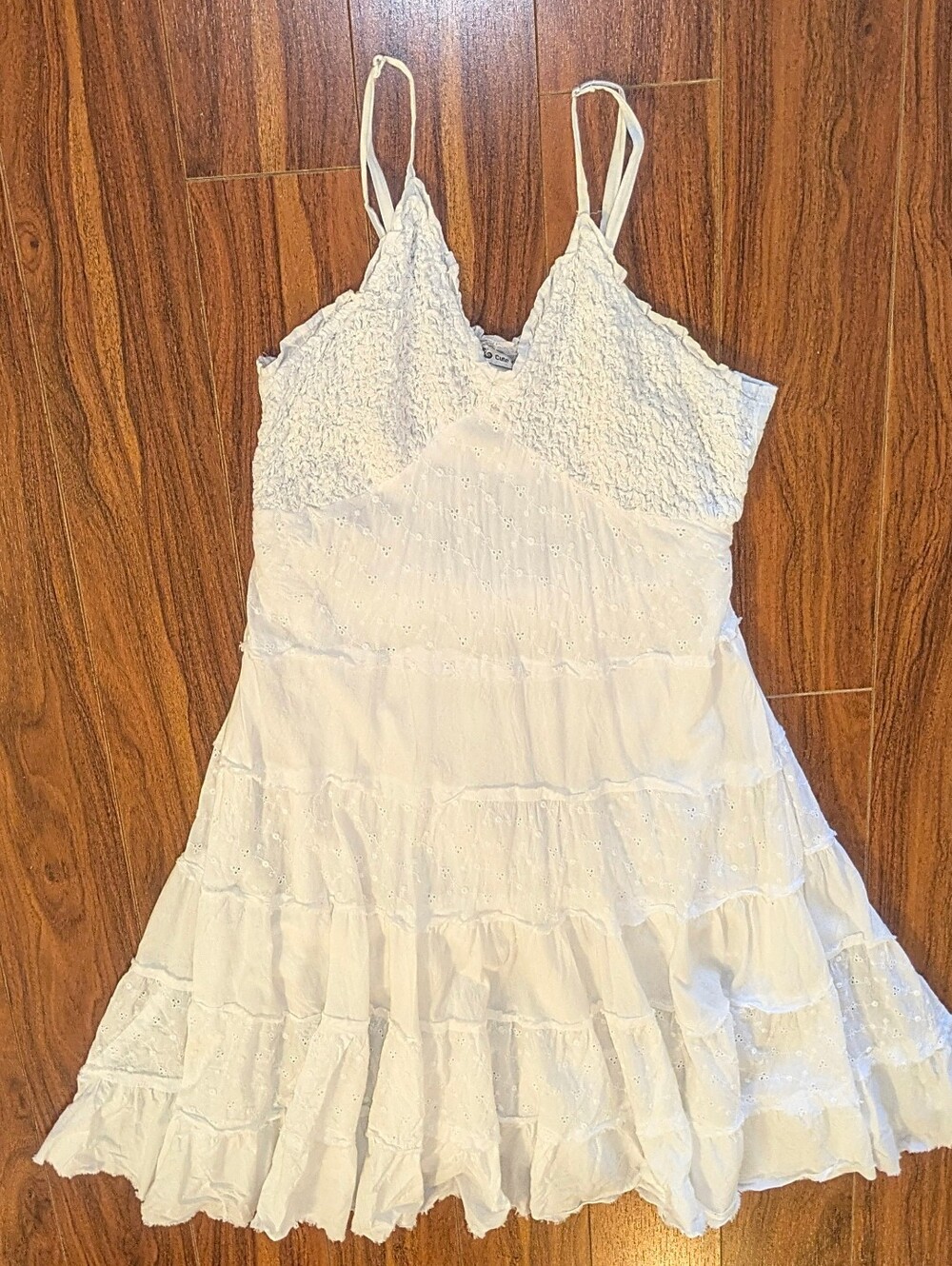 Cute Options Boho White Eyelet Tiered Midi Dress Smocked Strappy Size Large